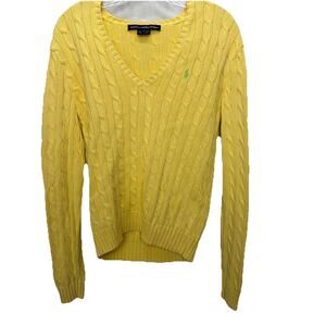 Vintage Ralph Lauren Sport V Neck Cable Knit Sweater Womens L Yellow Preppy Pony